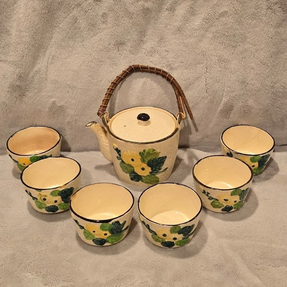 Vintage Made in Japan Floral Ceramic Tea Set Teapot 6 Cups Wicker Handle Cream